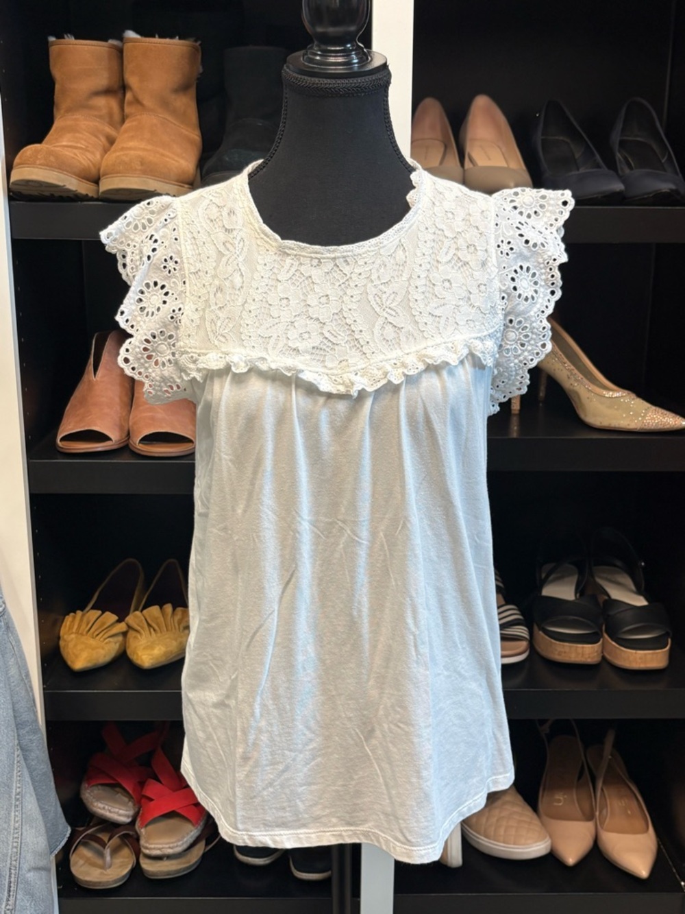 LC Lauren Conrad White Eyelet Lace Yoke Sleeveless Top